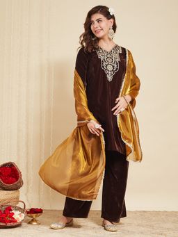 MOKOSH - Women Brown Velvet Kurta with Pant and Dupatta