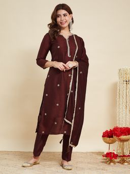 MOKOSH - Women Brown Silk Kurta with Pant and Dupatta