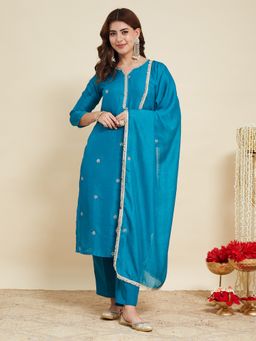 MOKOSH - Women Blue Silk Kurta with Pant and Dupatta
