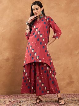 InWeave - Rust Window Print Mandarin Kurta and Palazzo
