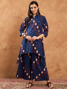 InWeave - Blue Window Print Mandarin Kurta and Palazzo