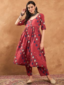 InWeave - Rust Window Scoop Neck Button Kurta and Palazzo