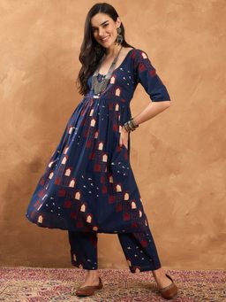 InWeave - Blue Window Scoop Neck Button Kurta and Palazzo