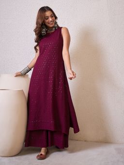 InWeave - Wine Chikankari Halter Neck Kurta and Palazzo