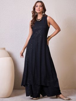 InWeave - Black Chikankari Halter Neck Kurta and Palazzo
