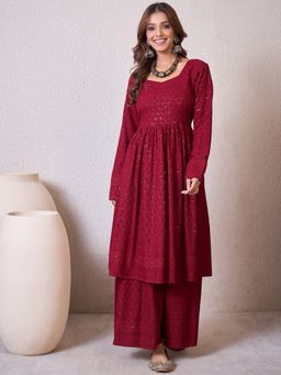 InWeave - Maroon Chikankari Sweetheart Neck Kurta and Palazzo