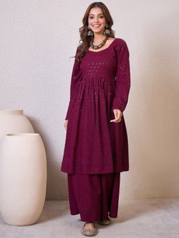 InWeave - Wine Chikankari Sweetheart Neck Kurta and Palazzo