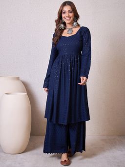 InWeave - Blue Chikankari Sweetheart Neck Kurta and Palazzo