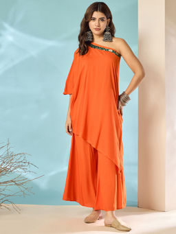 InWeave - Orange Green Brocade One Shoulder Kurta and Palazzo