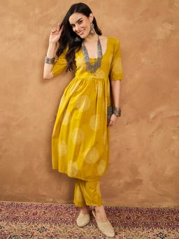 InWeave - Yellow Circle Scoop Neck Button Kurta and Palazzo