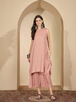 InWeave - Pastel Coral Lurex R Neck Kurta and Palazzo