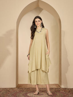 InWeave - Beige Lurex Round Neck Kurta and Palazzo