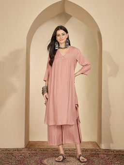 InWeave - Pastel Coral Lurex V Neck Kurta and Palazzo