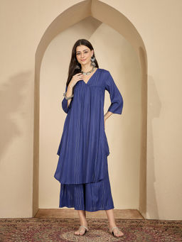 InWeave - Royal Blue Lurex V Neck Kurta and Palazzo