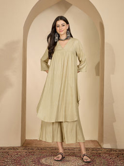 InWeave - Beige Lurex V Neck Kurta and Palazzo