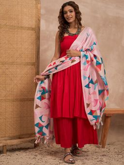 InWeave - Red Silk Offshoulder Kurta with Palazzo and Dupatta