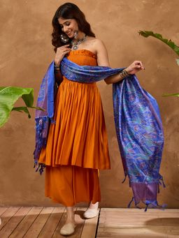 InWeave - Orange Silk Offshoulder Kurta with Palazzo and Dupatta