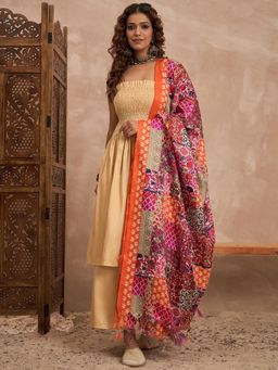 InWeave - Beige V Neck Smocking Kurta with Palazzo and Dupatta
