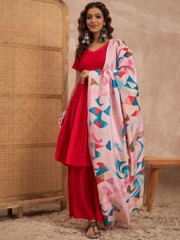 InWeave - Red V Neck Smocking Kurta with Palazzo and Dupatta