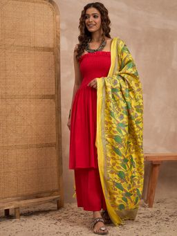 InWeave - Red Silk Strapless Kurta with Palazzo and Dupatta