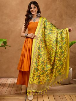 InWeave - Orange Silk Offshoulder Kurta with Palazzo and Dupatta