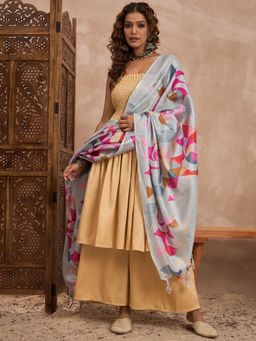 InWeave - Beige Silk Strapless Kurta with Palazzo and Dupatta
