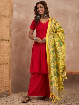 InWeave - Red V Neck Smocking Kurta with Palazzo and Dupatta