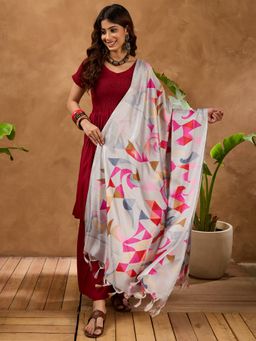 InWeave - Maroon V Neck Smocking Kurta with Palazzo and Dupatta