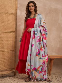 InWeave - Red Silk Strapless Kurta with Palazzo and Dupatta