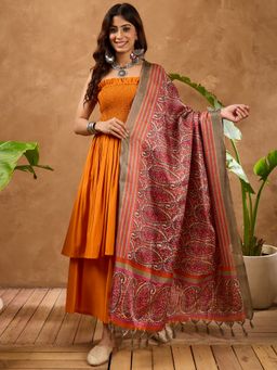 InWeave - Orange Silk Offshoulder Kurta with Palazzo and Dupatta