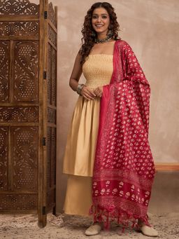 InWeave - Beige Silk Offshoulder Kurta with Palazzo and Dupatta