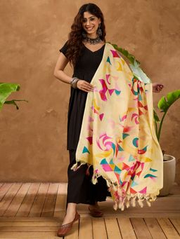 InWeave - Black V Neck Smocking Kurta with Palazzo and Dupatta