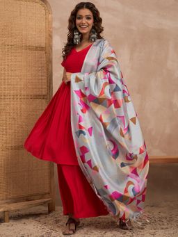 InWeave - Red Silk V Neck Smocking Kurta with Palazzo and Dupatta