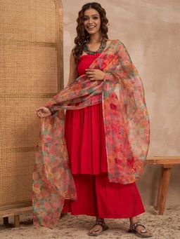 InWeave - Red Silk Strapless Kurta with Palazzo and Dupatta
