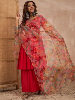 InWeave - Red Silk V Neck Kurta with Palazzo and Dupatta