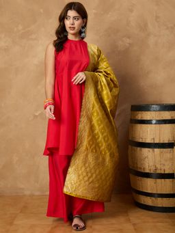 InWeave - Red Silk Boho Kurta with Palazzo and Dupatta