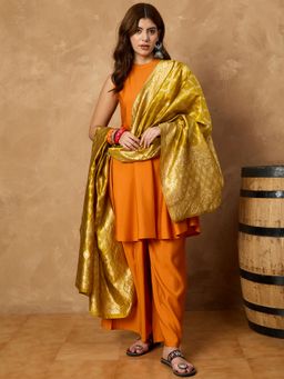 InWeave - Orange Silk Boho Kurta with Palazzo and Dupatta