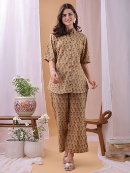 Shaily - Women's Brown Floral Printed Pure Cambric Cotton Co-ord Set