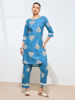 Shaily - Women's Rama Floral Printed Pure Flex Blue Cotton Co-ord Set