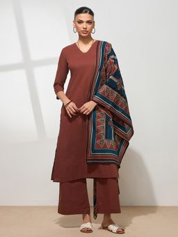 Shaily - Graceful Rust Solid Pure Cotton Kurta with Palazzo and Dupatta