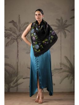 Geroo Jaipur - Teal Blue Dress with Hand Painted Black Scarf