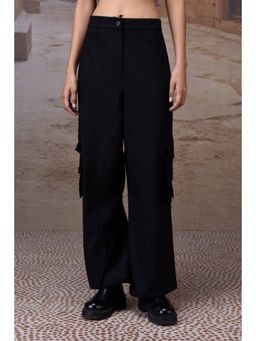 Genes Lecoanet Hemant - Black Colour Viscose Blend Solid Relaxed fit Wide Cargo Pant