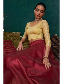 Soch - Gold Cotton Spandex Prince Cut Blouse with Floral Sleeves