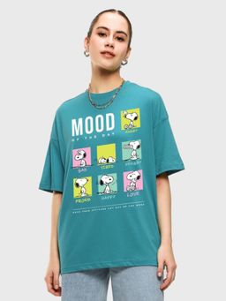 Bewakoof - Official Peanuts Women's Blue Snoopy Moods Graphic Printed Oversized T-shirt