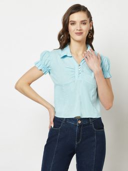 CRIMSOUNE CLUB - Women Blue Scrunched Crop Top
