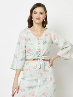 CRIMSOUNE CLUB - Soft Pista Green Tie-up Floral Crop Top