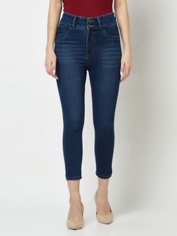 CRIMSOUNE CLUB - Women Navy Blue High Waist Jeans