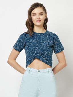 CRIMSOUNE CLUB - Women Navy Blue One-line Art Crop Top