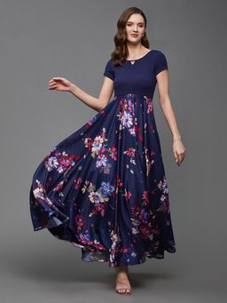 Miss Chase - Women's Multicolored-Base-Navy Blue Keyhole Neck Floral Printed Maxi Dress