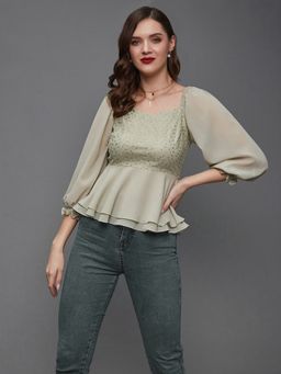 Miss Chase - Women's Dusty Green Sweetheart Neck All That Glitter Regular Length Top